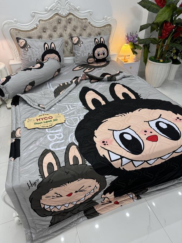 Mẫu Labubu Bộ ga giường ngủ có mền/ chăn thun lạnh Hyco 5D ôm khóa kéo set  5 món