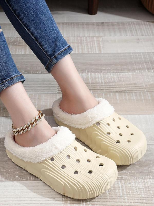 Plain Round Toe Slip-on Platform Clogs, Warm Fluffy Plush Lining Fluffy Warm Soft Platform Clogs, Hollow Out Slippers for Women, 2024 Comfort Shoe for Girl for Winter Footwear 5