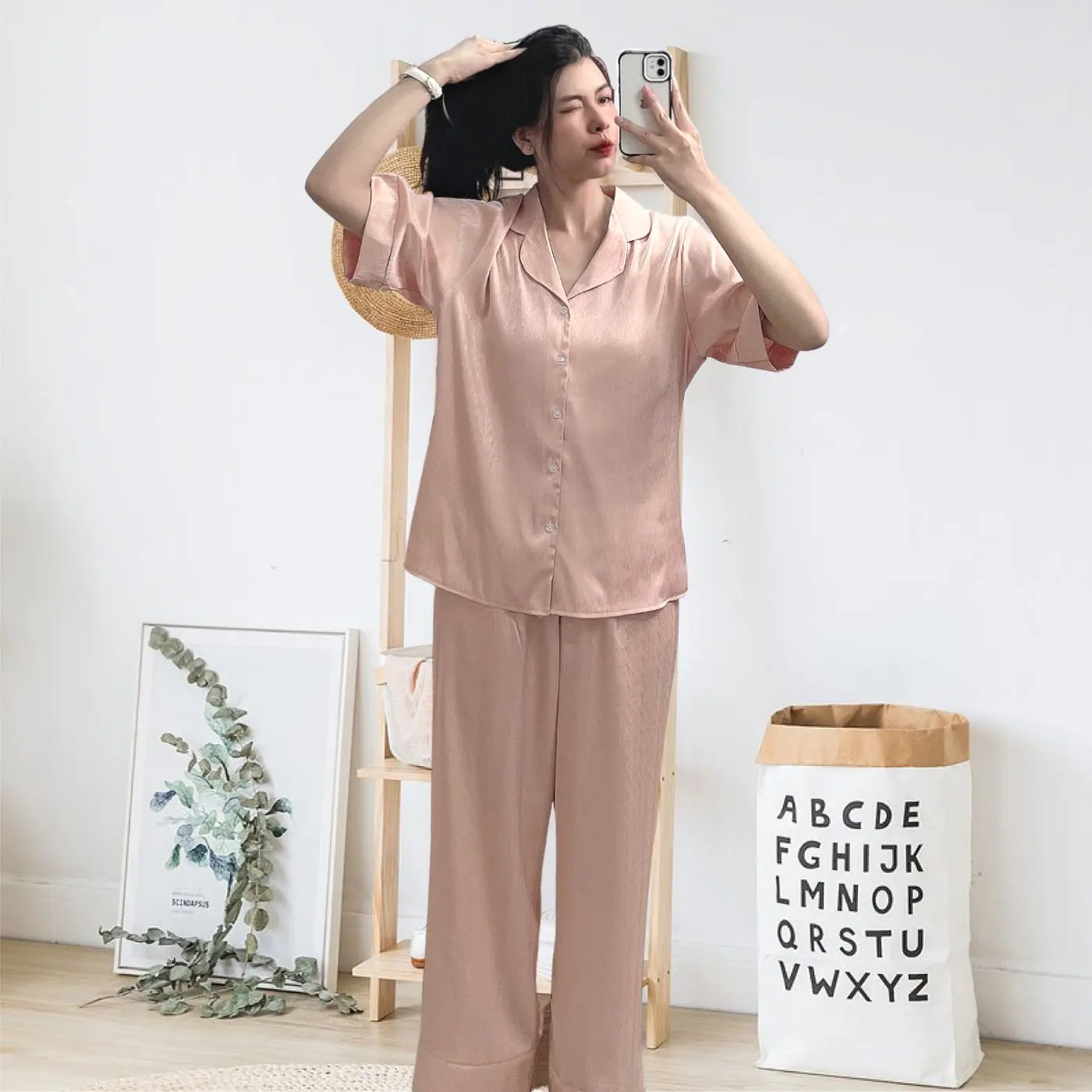 Bộ pijama Tơ Tằm Ánh Kim LTN0 trơn cute set đồ mặc nhà tay ngắn quần dài FPLUS