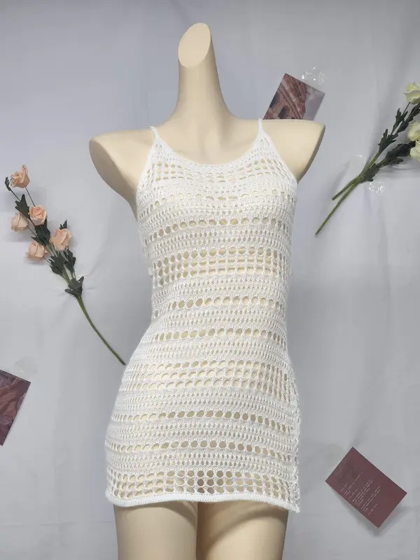 Women's Plain Crochet Knit Sweater Dress, Casual Sleeveless Knit Short Dress for Summer, Ladies Clothes for Beach Holiday 1