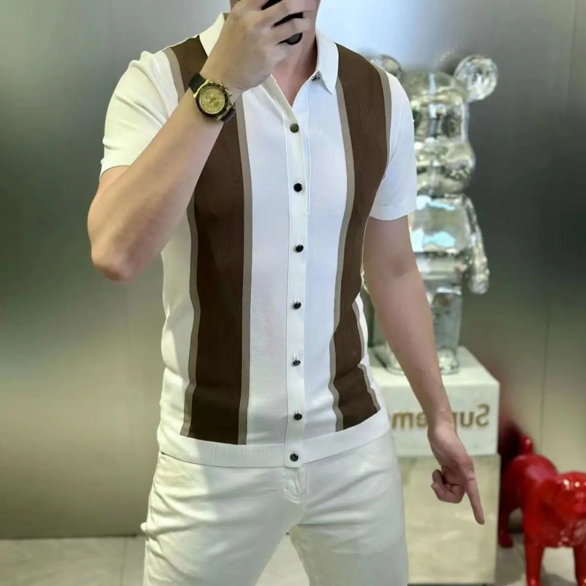 High-End Men's Fashion Spring and Summer Trendy Light Luxury Simple Button Color Matching Short Sleeve Polo Shirt
