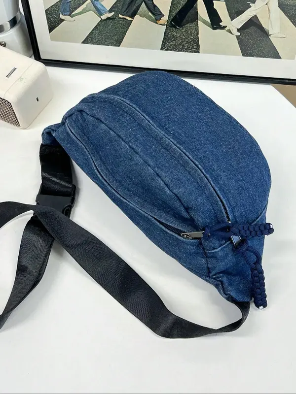 Women's Solid Color Denim Fanny Pack, Fashionable Large Capacity Sling Bag for Daily Used, Casual Trendy Versatile High-quality Daily Commuting Bag 3