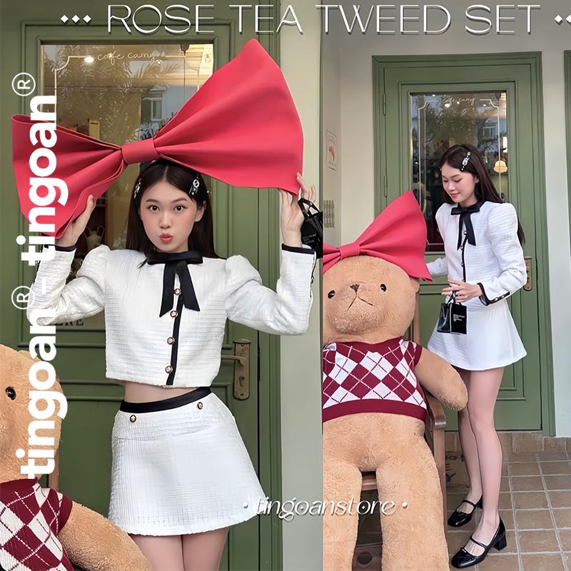 TINGOAN - Áo tweed trắng viền đen crop form lửng phối nơ cổ lệch hàng cúc ROSE TEA TOP/WH