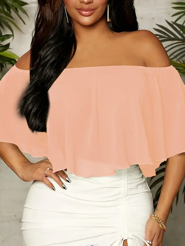 Women's Plain Off Shoulder Ruffle Trim Chiffon Crop Blouse, Elegant Butterfly Sleeve Top for Summer, Ladies Clothes for Daily Vacation Outdoor Wear 8