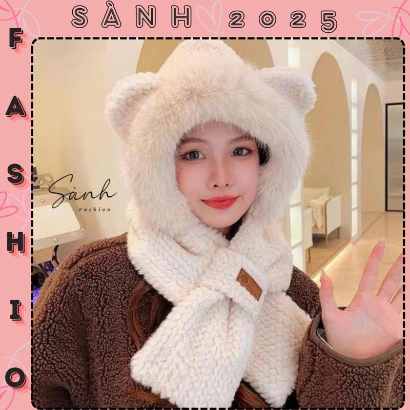 Mũ lông len tai mèo trùm đầu kèm khăn quàng hot trend 2023_sanhfashion Women Hoa