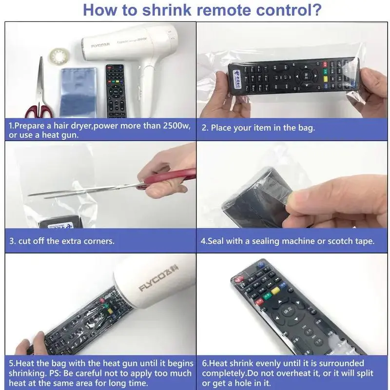 Túi màng co, trong suốt, vỏ chống bụi, cho điều khiển từ xa TV và điều hòa không khí, tấm nhựa co, có kích thước S / L 5
