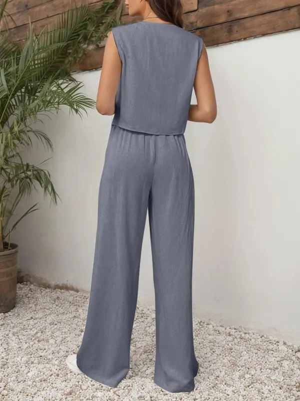 YOZY V Neck Vest & Elastic Waist Pants Set, Button Front Casual Sleeveless Top & Wide Leg Trousers, 2024 Women's Wear for Spring & Summer & Autumn, XS-XXl, Tops That Hide Stomach, Clothing 7