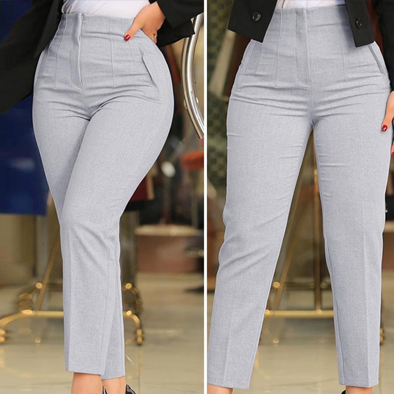 Jianmeje High Waist Pleated Pockets Ninth-Length Women Trousers Solid Color Straight Leg Suit Pants 6