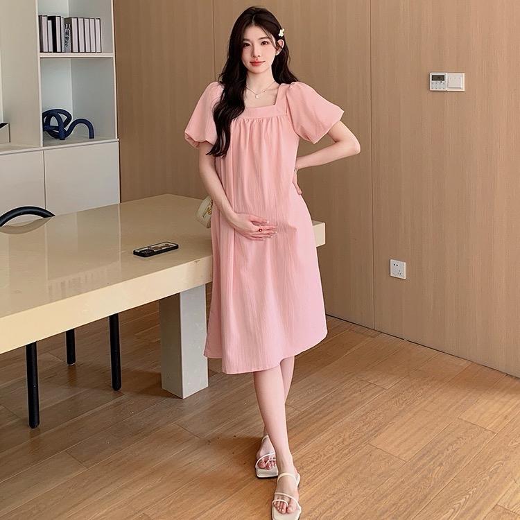 Đầm Bầu Váy Suông [VB24] Tay Bồng Màu Hồng Cổ Vuông 2