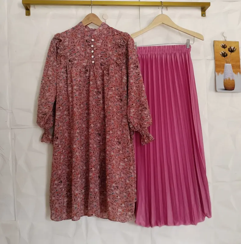 GAMIS SETROK OHAYA SATU SET MIDI DRESS DAN ROK PLISKET KLOK AMITHA SORA 4