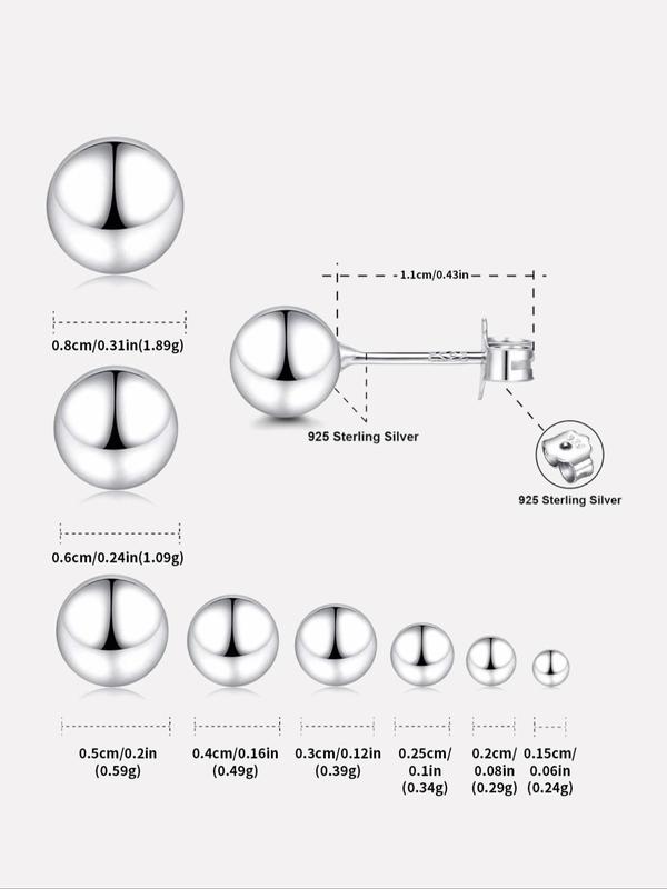 S925 Sterling Silver Round Ball Design Stud Earrings, 1/4/6 Pairs Fashionable Mixed Size Stud Earrings for Women & Men, Trendy All-match Jewelry for Birthday Gift 5