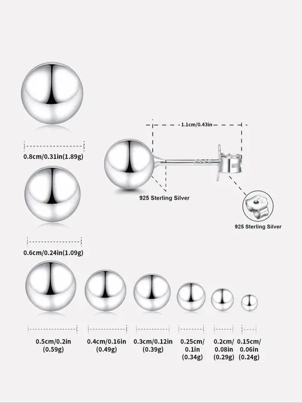 S925 Sterling Silver Round Ball Design Stud Earrings, 1/4/6 Pairs Fashionable Mixed Size Stud Earrings for Women & Men, Trendy All-match Jewelry for Birthday Gift 5