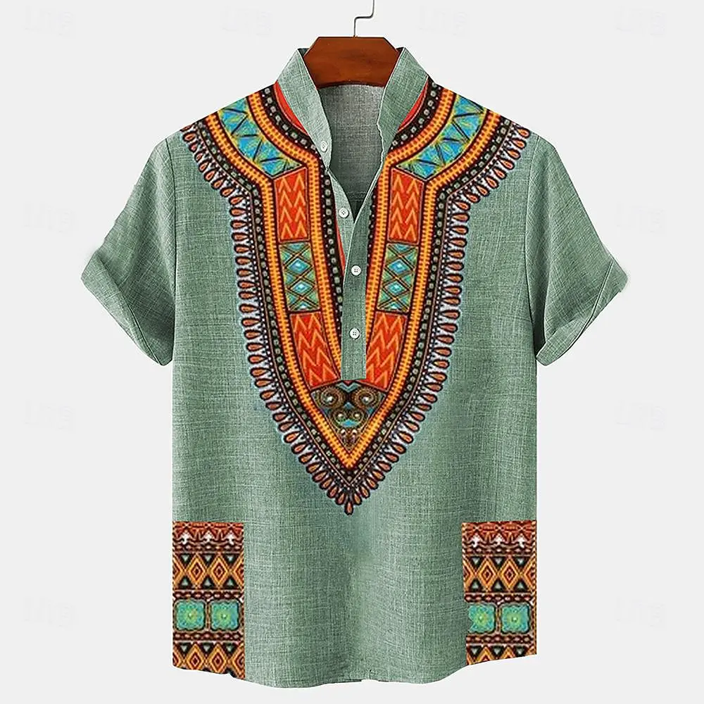 Men's Tops Pullover Linen Men's Tribal Totem Short Sleeve Shirt Half Cardigan Button Stand Collar New Shirt Linen Men's Tops Casual Long Sleeve Linen Shirt