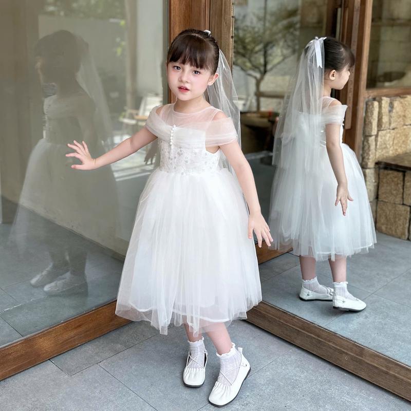 [Tặng Kèm Núp] Set Váy Cườm Hở Vai 4 Lớp Xinh Xắn Mềm Mại Cho Bé Gái- Táo buộc dây