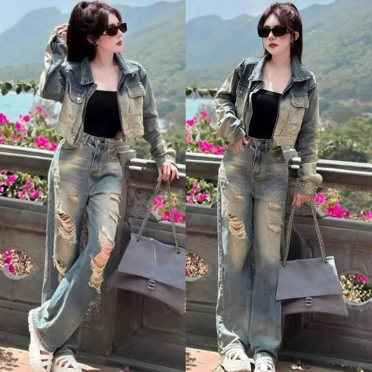 Set 3 món quần jean kèm áo thun phối áo khoát jean qc cao cấp cho các chị em cá tính set bovay xinh