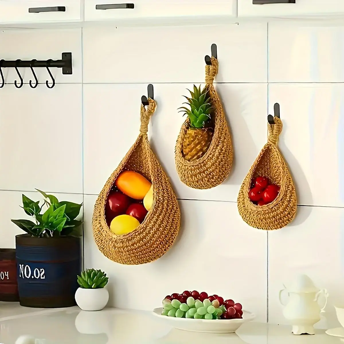 Fruit & Vegetable Hanging Basket, 3 Counts/set Handmade Cotton Rope Braided Wall Hanging Storage Basket, Kitchen Storage Organizer, Hangable