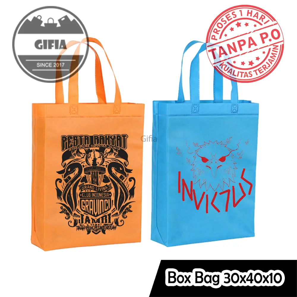 100pcs box 30x40x10cm Goodie Bag Custom Sablon / Tas Spunbond Handle / Tas Kain