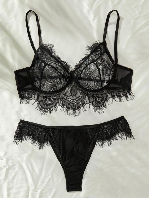 【Plus Size】 Contrast Lace Bra & High Cut Panty, Soft Comfortable Breathable Lingerie Set for Daily Wear, Women's Underwear Set for All Seasons 6