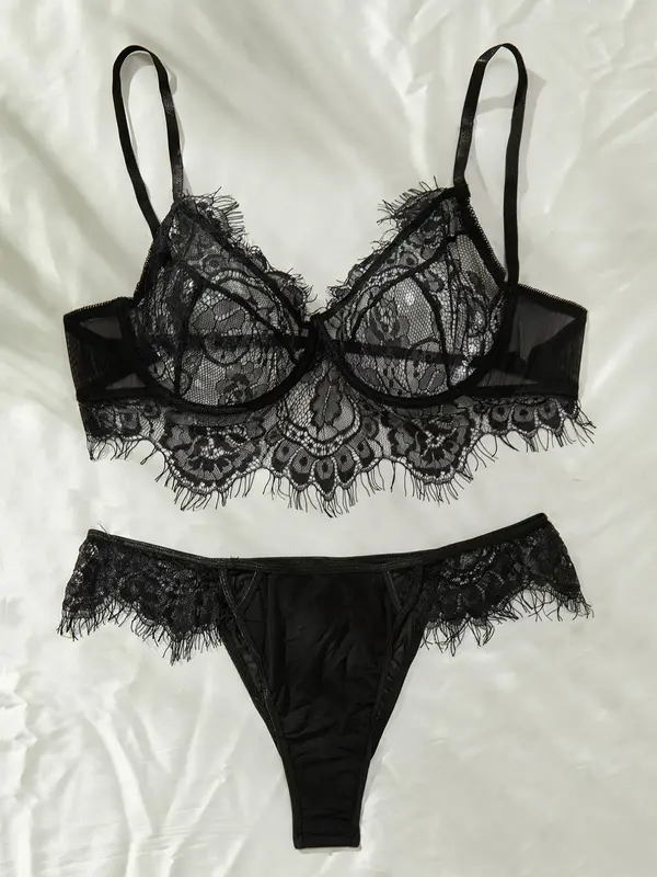 【Plus Size】 Contrast Lace Bra & High Cut Panty, Soft Comfortable Breathable Lingerie Set for Daily Wear, Women's Underwear Set for All Seasons 6