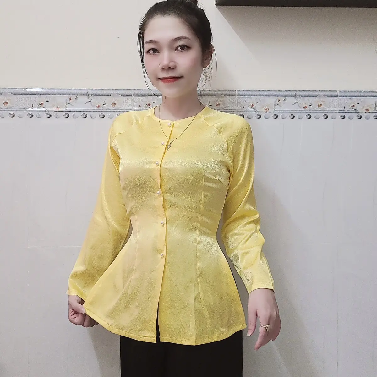 Bộ bà ba nữ gấm hoa hồng form chuẩn (40-70kg) Áo - Voi, Sen, Wine Knot Voan Women [G10]