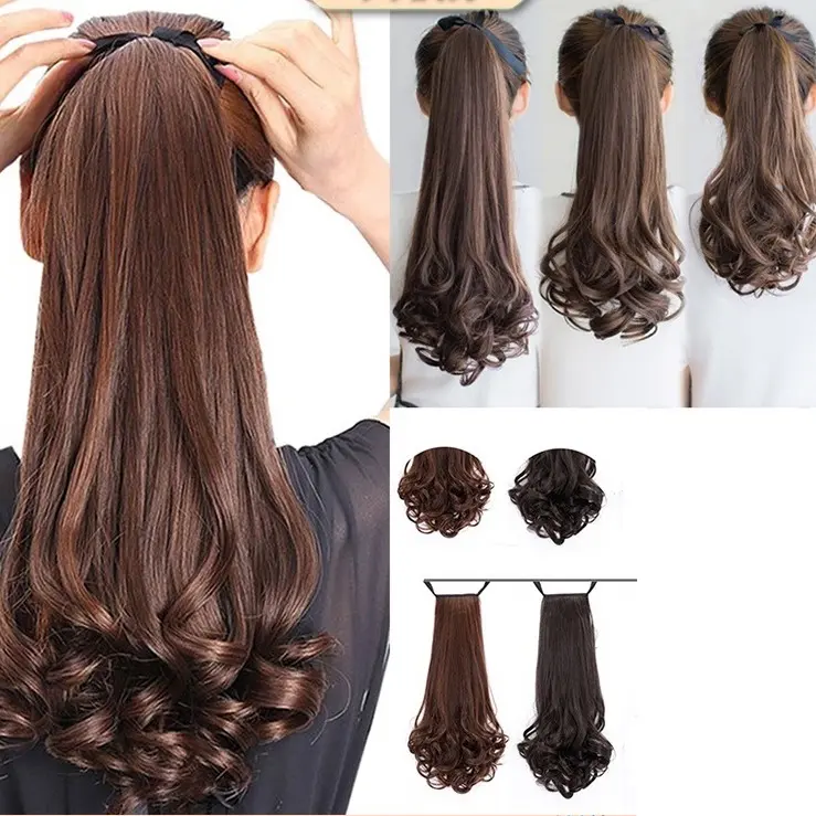 Long Curly Drawstring Ponytail Black Brown Synthetic Fake Hair Extension Wigs