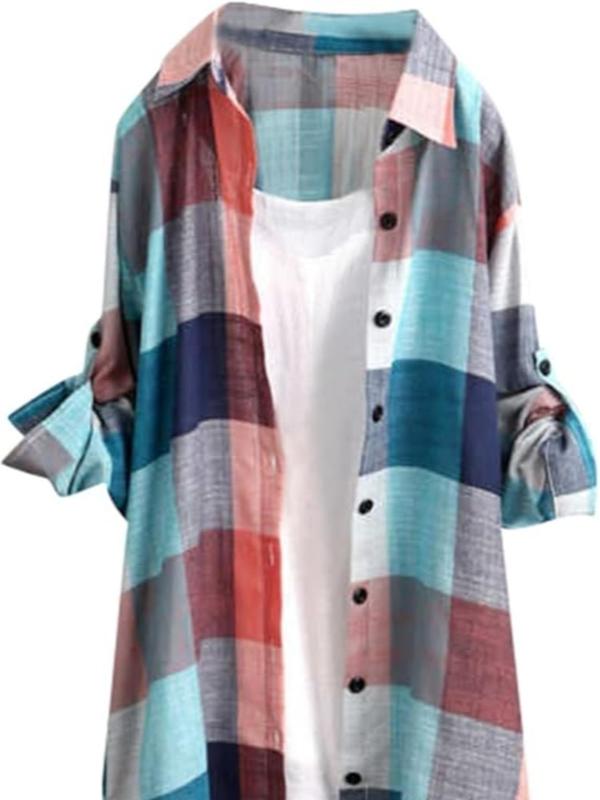 【Plus Size】 Women's Plaid Print Button Front High Low Hem Shirt, Casual Roll Up Sleeve Collared Top for Daily Wear, Ladies Clothes for All Seasons 5