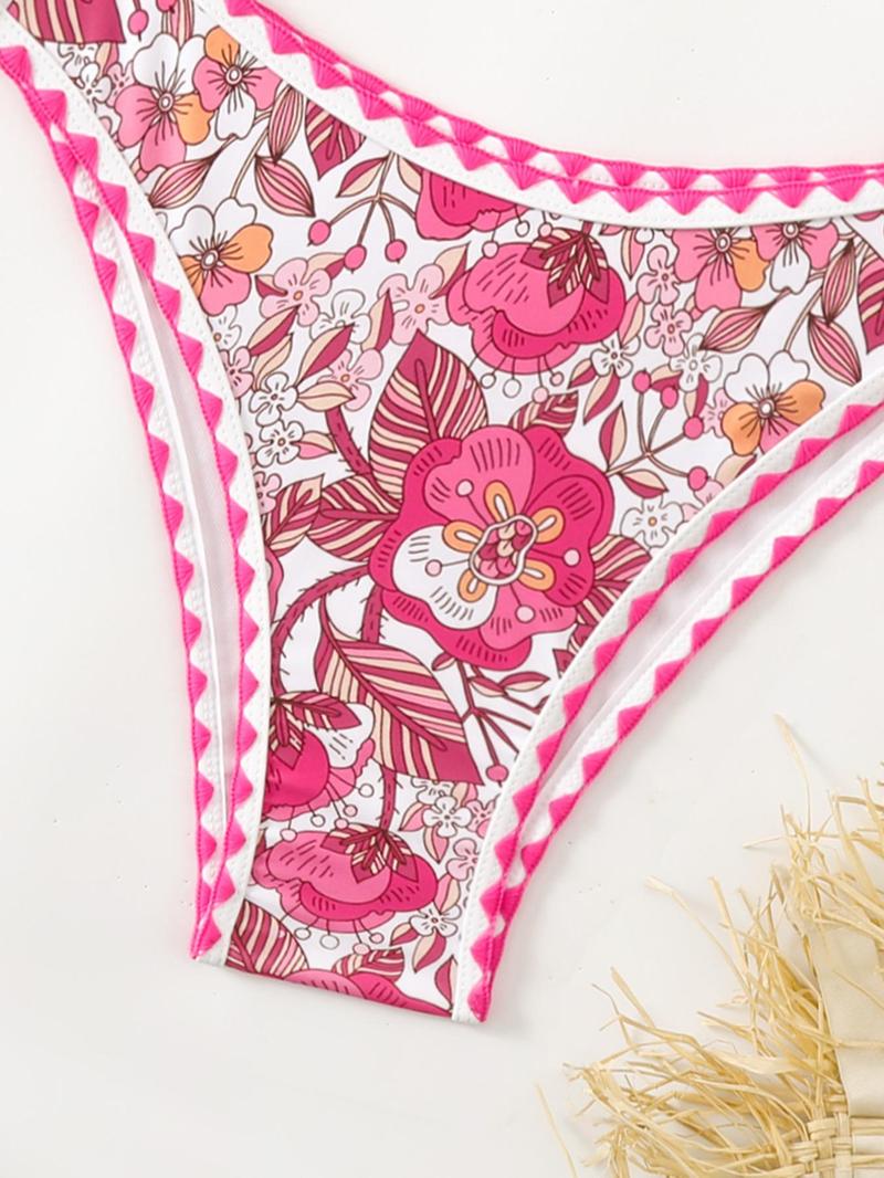 Product Introduction of Two-piece Set Women's Floral Print Halter Bikini Set, Fashion Chic Tie Back Triangle Swim Bra & High Cut Swim Panty, Ladies Swimsuit for Beach Holiday Vacation 9
