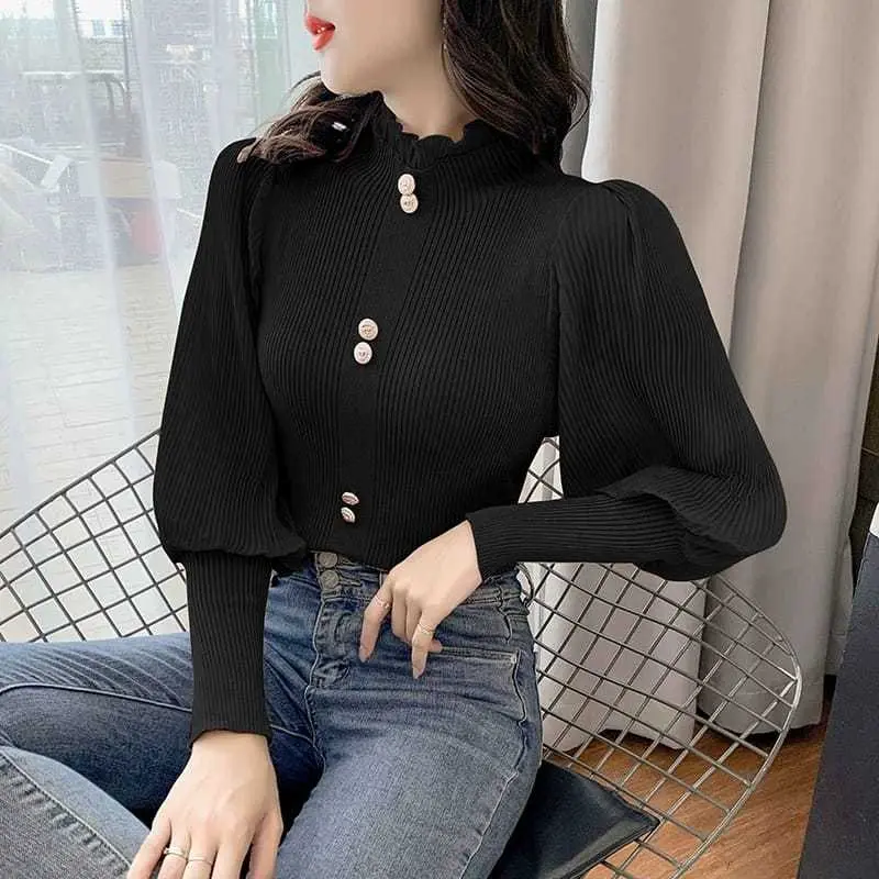 FLIDA FASHION - E01 blouse atasan rajut wanita turtleneck lengan balon panjang 5