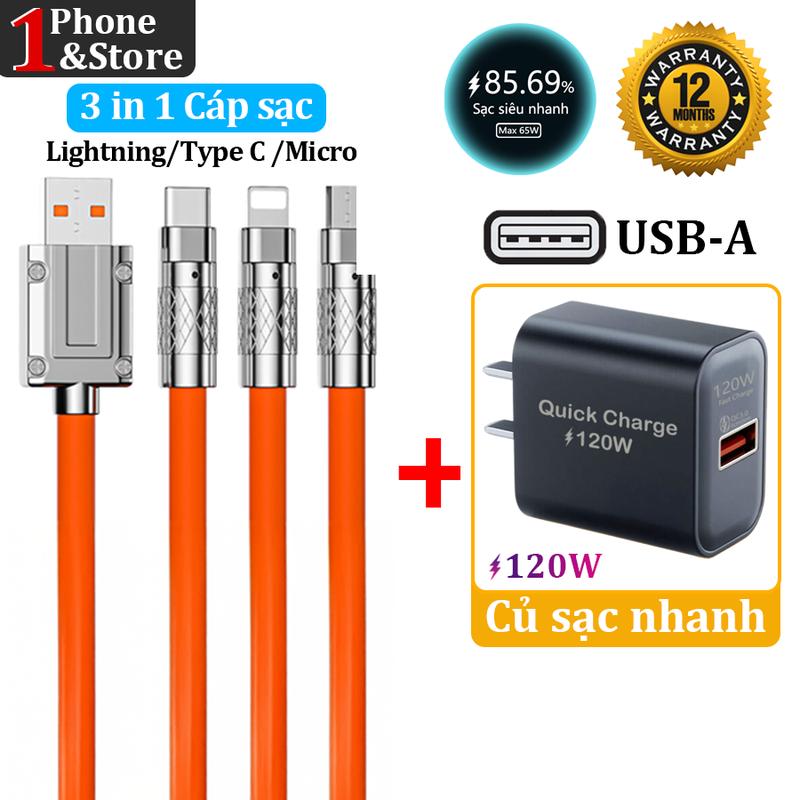  【Cap 3in1 - 1.2m  Dây Cap Sạc Nhanh 3in1 USB to Lightning Type C Micro Hỗ Trợ Truyền Dữ Liệu Silicone Lỏng Chất Lượng Cao Giao Diện Hợp Kim kẽmchoIP samsung xiaomi OPPO VIVO HUAWEI 