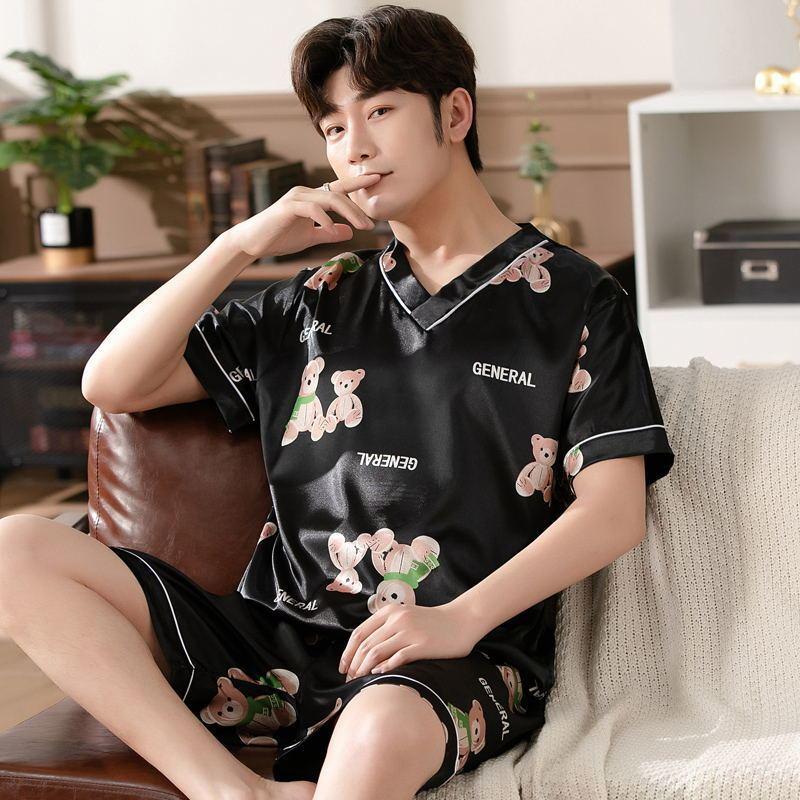 Bộ Đồ Ngủ Lụa Lạnh Dành Cho Nam Giới, ngắn Tay Áo, Mỏng Và Rộng Rãi, Cỡ Lớn, Làm Bằng Lụa Nhân Tạo, Bộ Đồ Hai Mảnh, Thích Hợp Cho Mùa Xuân Và Mùa Hè, Mặc Nhà Menswear Nhung 7