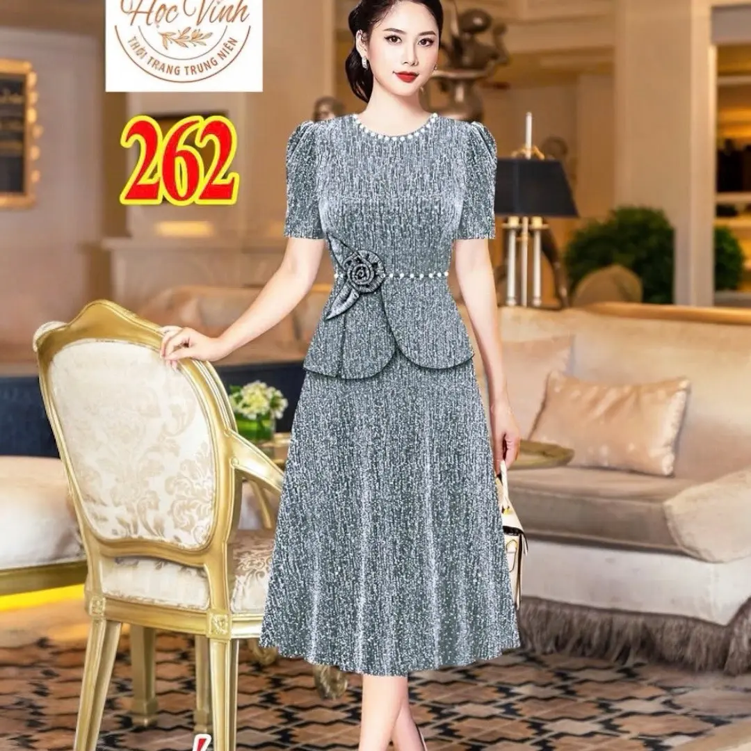 nhũ đá cổ tròn lên form chuẩn đẹp M262 - Co giãn thoải mái, tay phồng sang chảnh, nơ hoa Hồng - Nhung, Voi, Voan váy