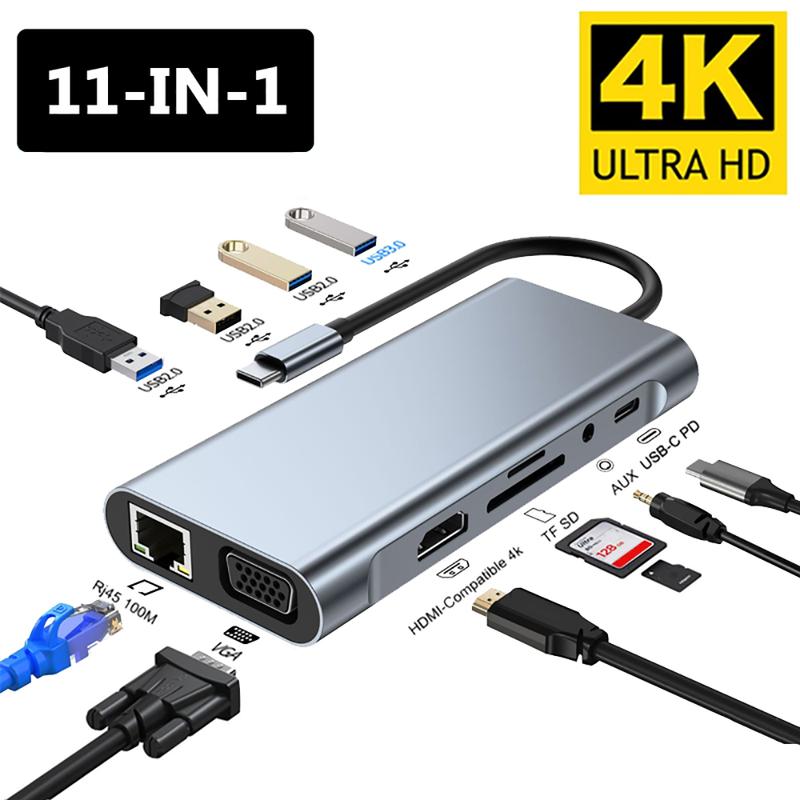  Hub USB C Tương Thích 4K 30Hz Type C Với HDMI Bộ Chuyển Đổi USB 3.0 Dock Hub 11 Trong 1 Type C Bộ Chia USB C PD 87W Thích Hợp Cho MacBook Pro Và Air 