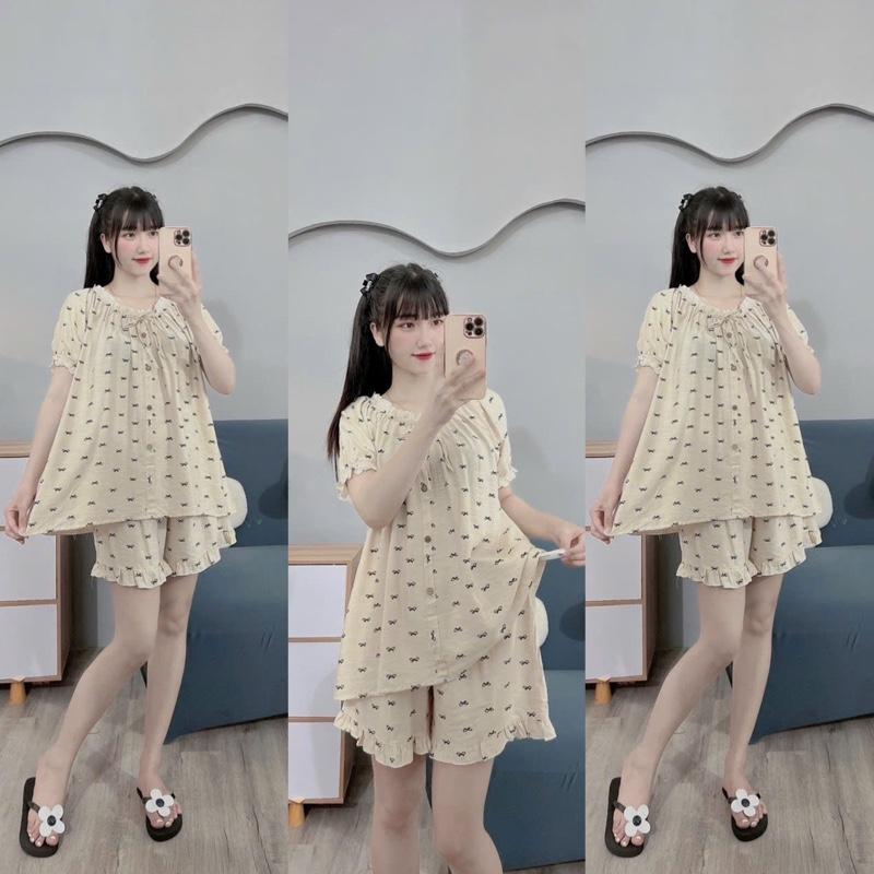 BỘ BẦU ĐÙI ĐŨI HÀN IN NƠ CỔ VUÔNG REN-CỔ BO CHUN -4 màu, quần có chun chỉnh 2