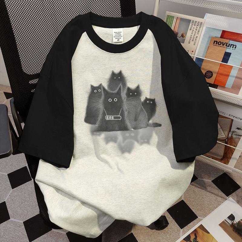 Product Introduction of American Retro T-shirt Women's 2024 Summer High Street Cat Printing Stitching Contrast Color Short Sleeve Design Loose Top 7