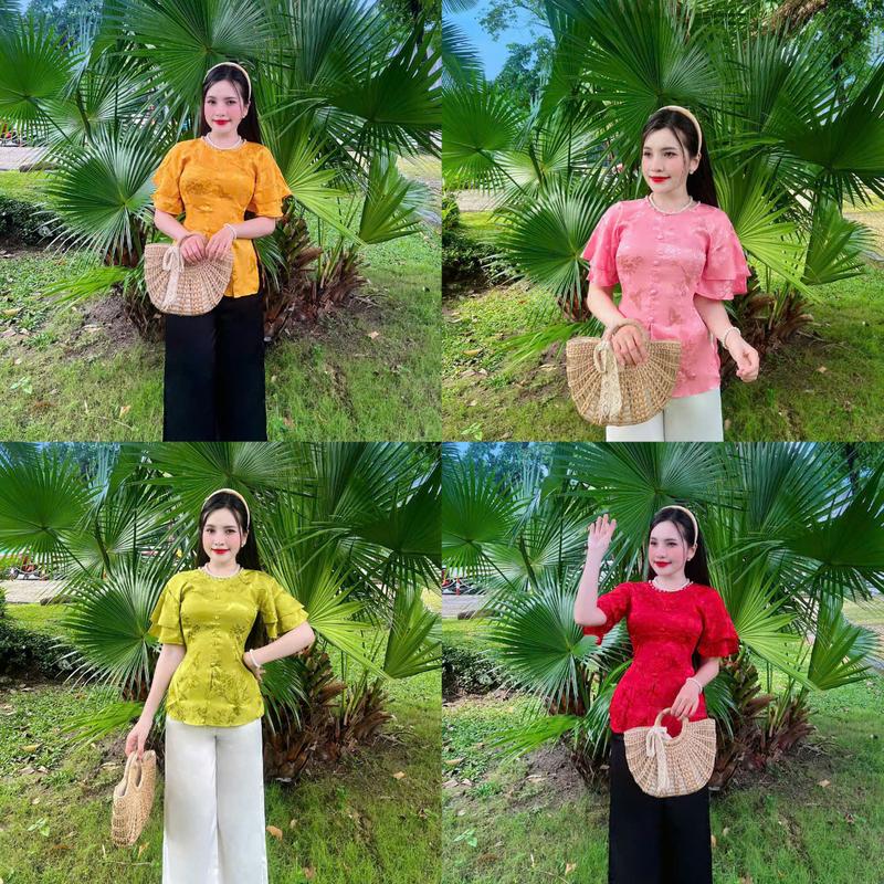  ÁO BÀ BA VIỀN NGỌC CỔ TAY 2 TẦNG NÚT BỌC CHẤT VẢI GẤM MẪU 1 ĐỦ SIZE S,M,L,XL,XXL,3XL Nữ Women Kem Top 