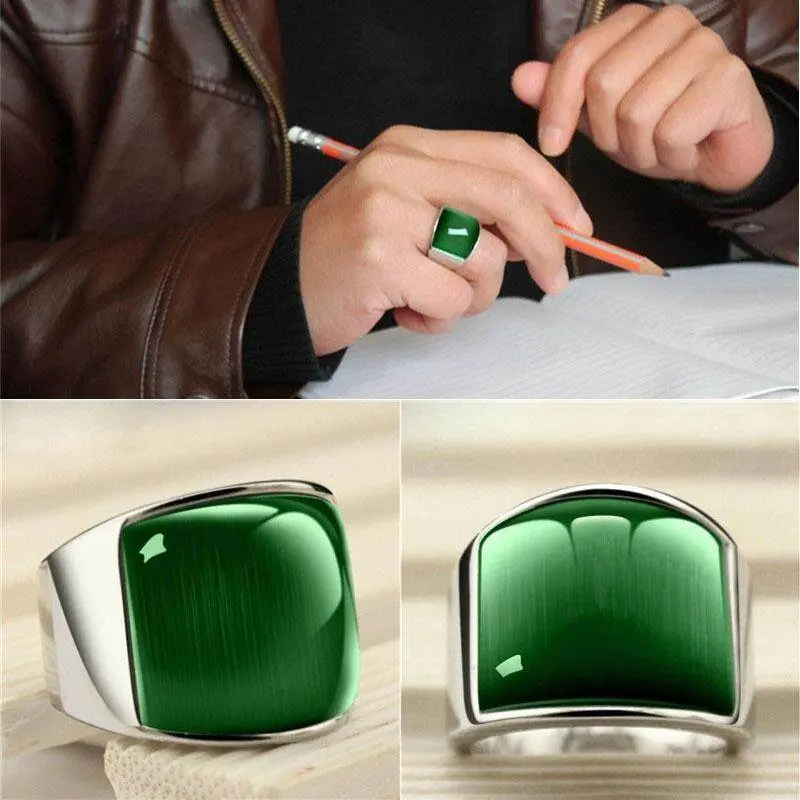 HZP Fashion Men Ring Punk 361L Stainless Steel Ring for Men Vintage Ring with Green Opal Ring for Party