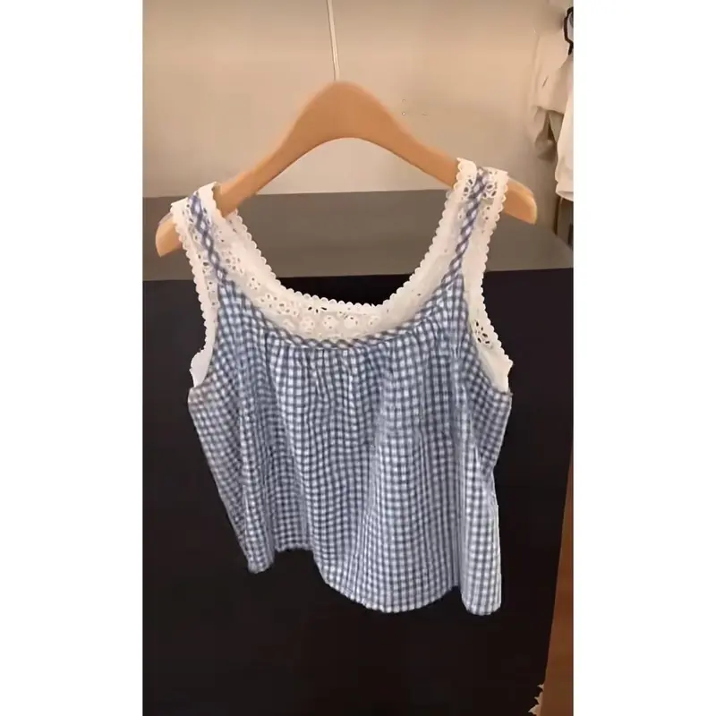 Áo Vest Kẻ Sọc, Phong Cách Pháp, Thiết Kế Kẻ Sọc Tươi Mới Buộc Dây, Khâu Ngọt Ngào, Dễ Phối Đồ, Dáng Rộng Vừa Vặn, Hai Mảnh Giả, Có Dây Đeo 7