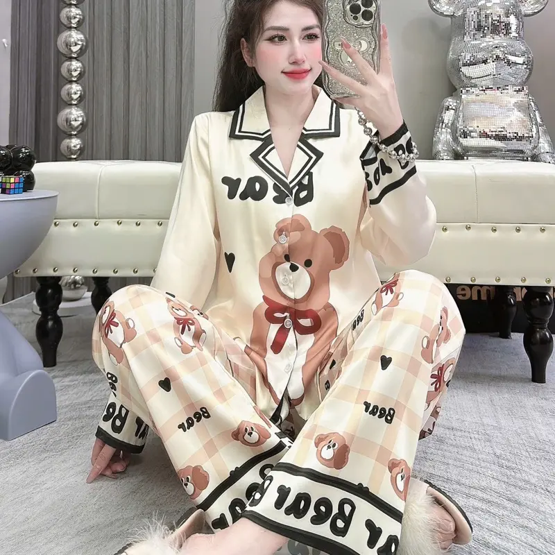 Bộ Ngủ Nữ Pyjama Lụa Latin Gấu Bear Mềm Mịn Quần Có Túi Women