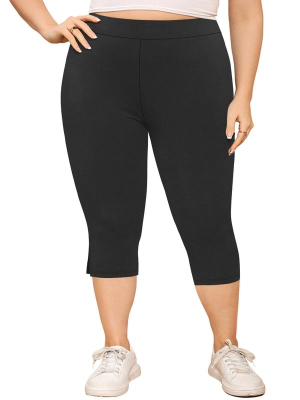 Plus Size Split Hem High Waist Capris Leggings, Casual Comfy Breathable Skinny Capris Pants for Yoga Gym Workout, Women's Bottoms for Summer, Summer Clothes, Womenswear 1