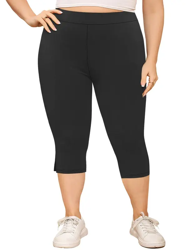 Plus Size Split Hem High Waist Capris Leggings, Casual Comfy Breathable Skinny Capris Pants for Yoga Gym Workout, Women's Bottoms for Summer, Summer Clothes, Womenswear 1