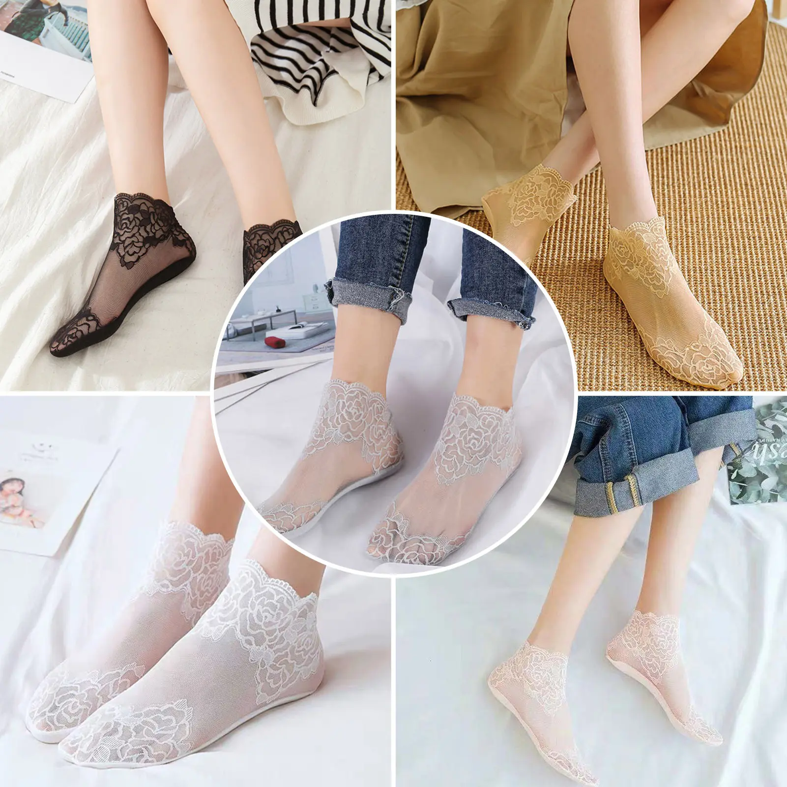 Fabric Bottom Lace Flower Socks Lightweight Seamless Hidden Short Ankle Socks Women's Socks