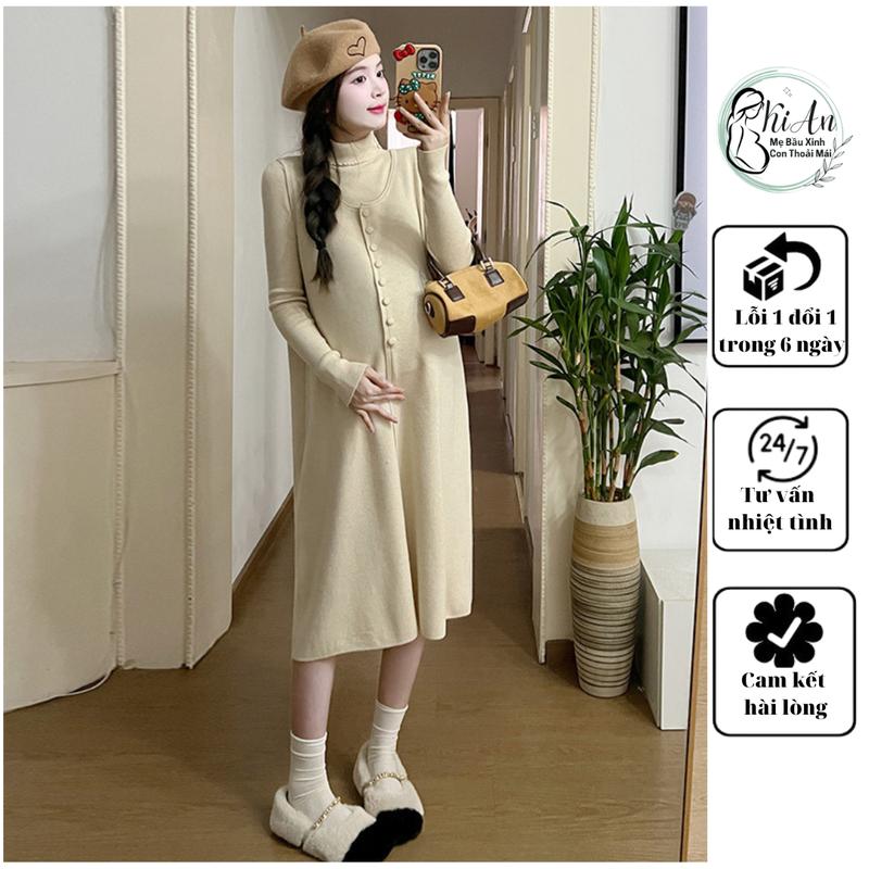 Set váy bầu len cao cấp MS10 Váy len bầu QC cao cấp, sét yếm bầu len rời sang chảnh freesize