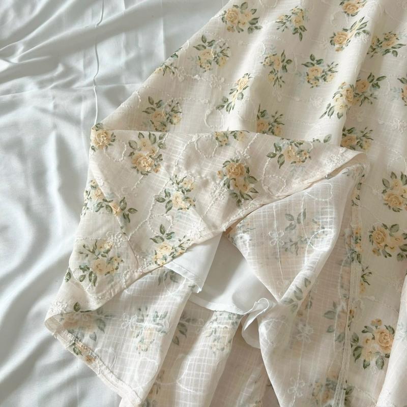 Lita set bộ váy kèm áo hoa vàng cổ tròn tay ngắn mặc đi làm đi tiệc thanh lịch sang trọng V092 Nữ Women Voan Kem Dress 6