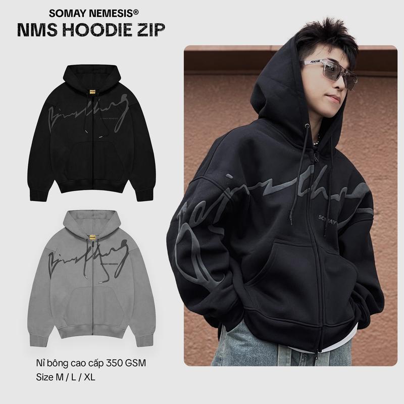 Áo khoác hoodie zip dây kéo 2 đầu chất nỉ bông dày dặn nam nữ mặc cặp đôi local brand form rộng boxy mũ to chống nắng unisex hoạ tiết dập nổi xám và đen SOMAY NEMESIS