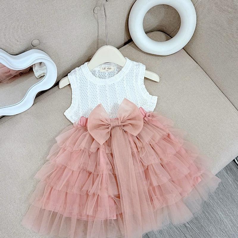 [Poba.128] set váy ren hè xinh cho bé. Áo len lưới mix chân váy ren tầng, có đính nơ