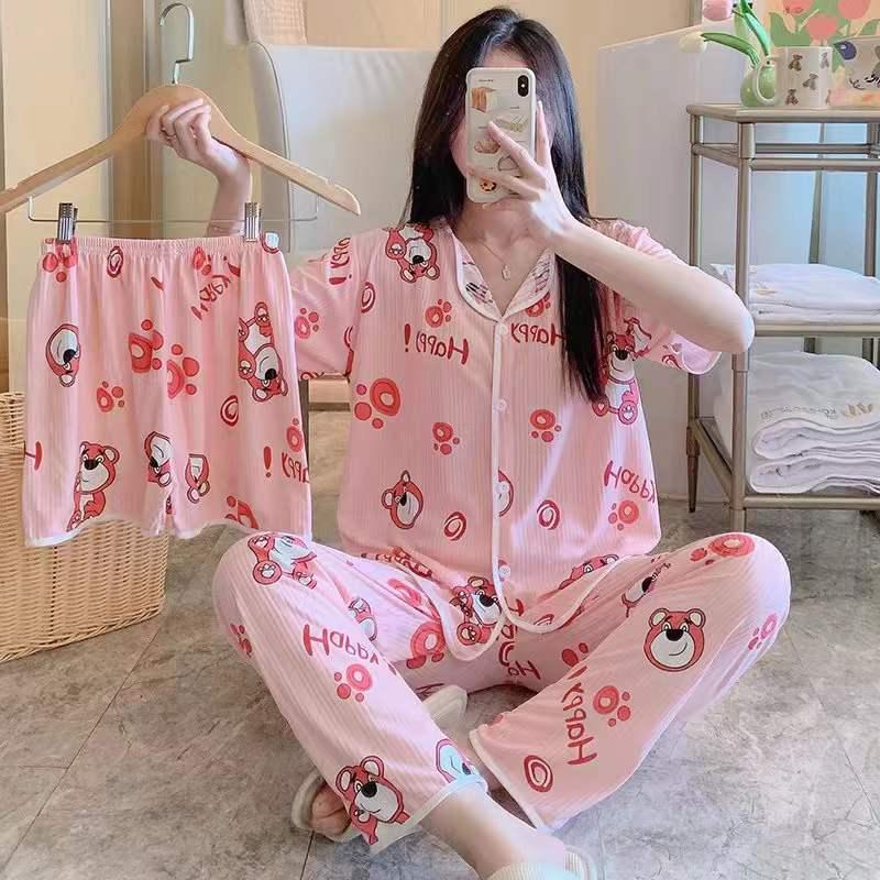 Product Introduction of 2024 TikTok Live Hot Sale Three-Piece Pajamas for Women Cute Cartoon Ding Dong Bear Casual Loungewear Set 11