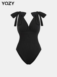 YOZY Women's Solid Bow Bodysuit, Casual Retro Sleeveless Bodysuit for Summer, Ladies Clothes for Beach Holiday Vacation