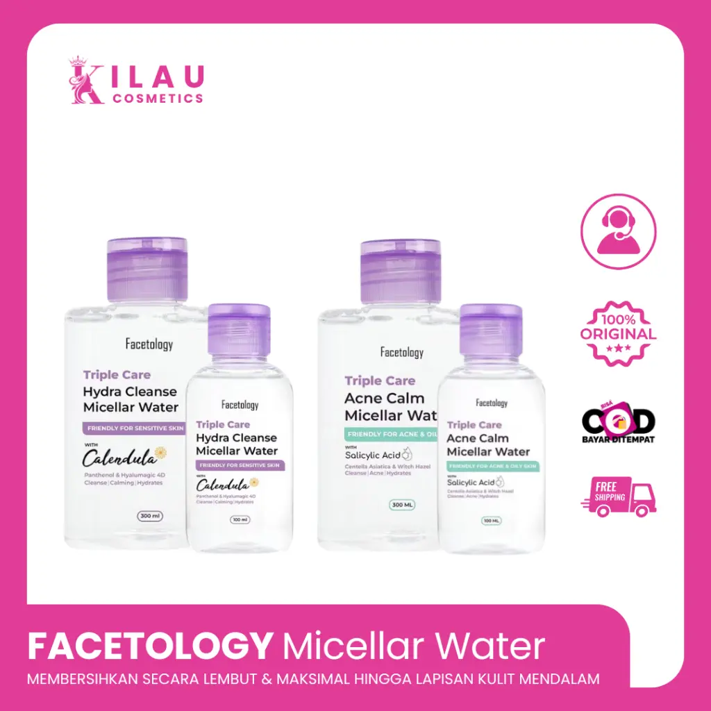 FACETOLOGY Triple Care Hydra Cleanse Micellar Water | Acne Sensitive Skin Tanpa Bilas