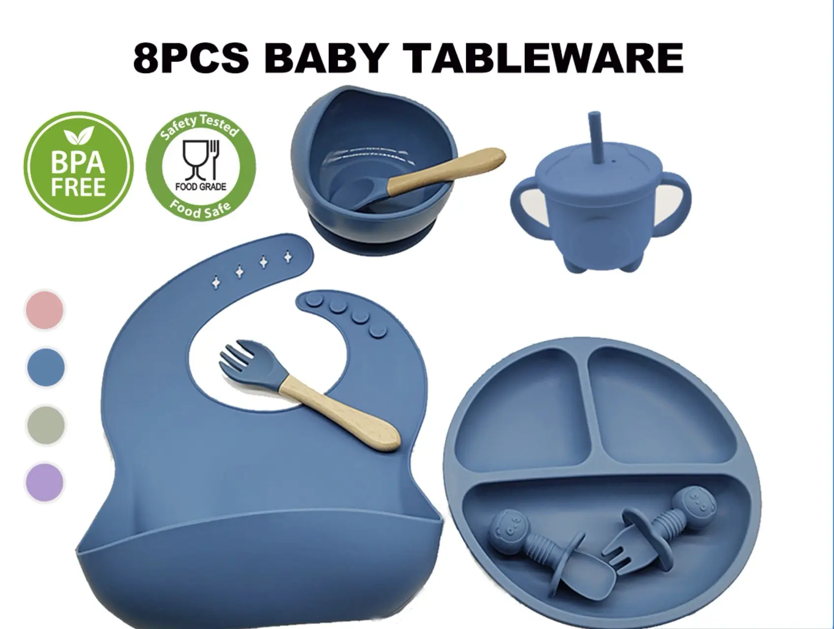 8pcs Baby to Toddler Tableware Set/ Learning Infant Bowl Cup Cutlery Set/ Baby Safe Cutlery Set with Divider food  grade