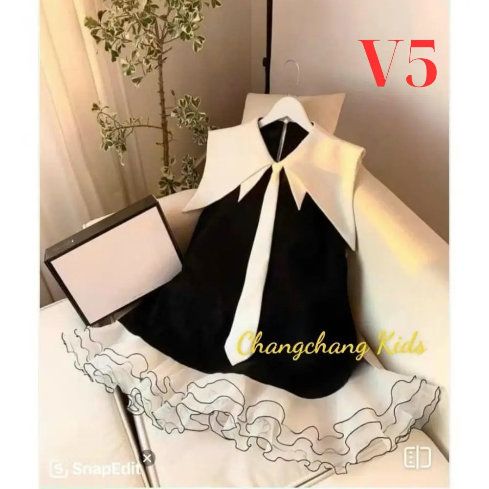 Mã V5: (20kg - 60kg ) Đầm Chữ A Kết Hợp Lai Bèo và Cổ Áo Cà Vạt Cho Bé Gái